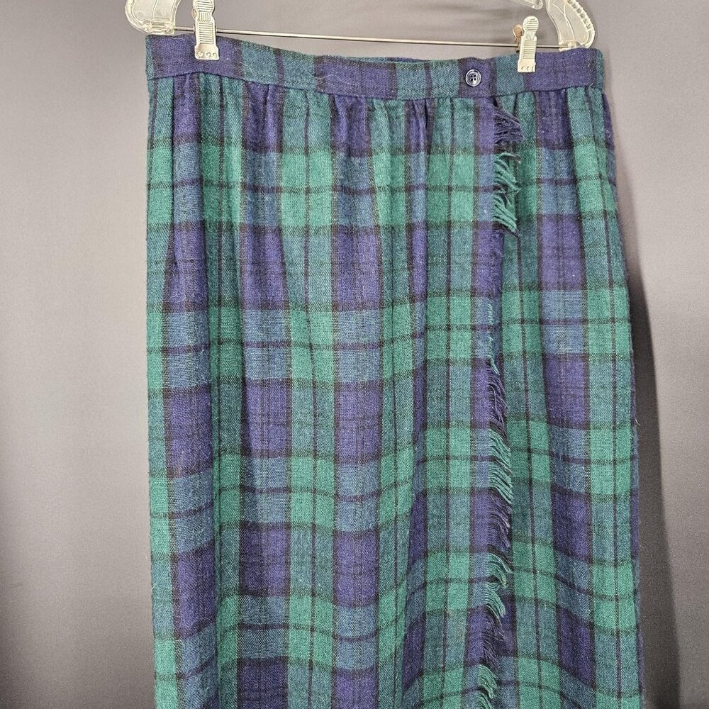 Vintage Parsons Place Wrap Skirt 16 Green Plaid Long Maxi Fringe Button A-Line - Picture 2 of 8